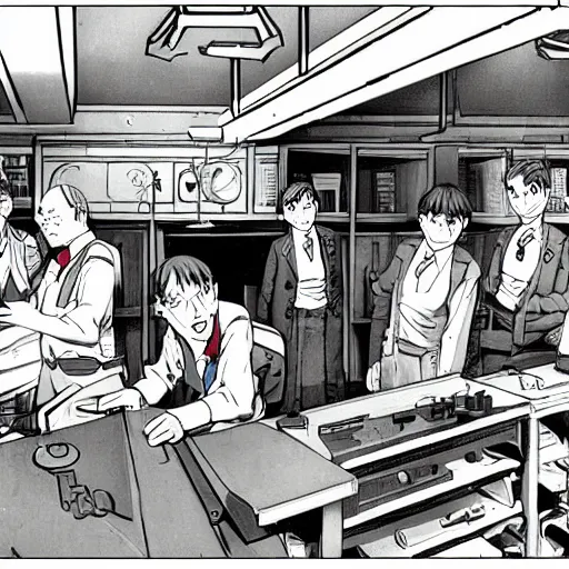 Prompt: inside the workshop with alan turing cracking the enigma with the help of albert einstein, anime!!!, manga style,