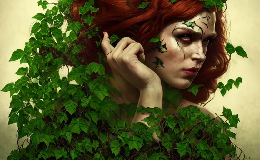 Prompt: poison ivy battle pose, Bane wrapped up in vines, illustration, realistic eyes, artstation, cinematic lighting, hyperdetailed, detailed realistic symmetrical eyes, cgsociety, 8k, high resolution, Charlie Bowater, Tom Bagshaw, Norman Rockwell, insanely detailed and intricate, prison background