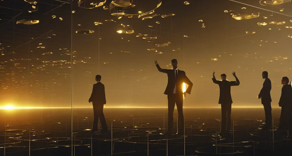 Image similar to Dramatic photo of a CEO waving to silhouettes of his coworkers in a futuristic office. Golden coins are levitating all around them. 8k, high detail, trending on Artstation, volumetric lighting, cyberpunk