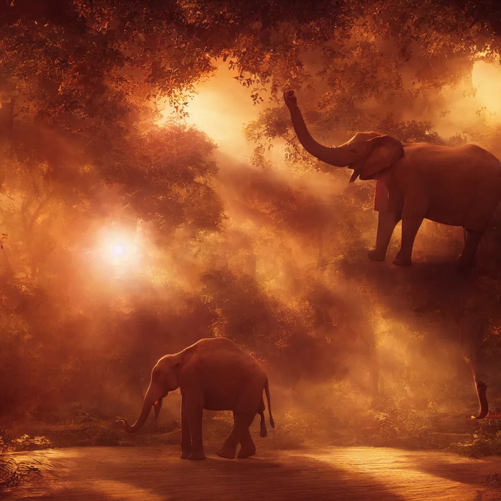 Image similar to one elephant in a wooden house, red crystal, art station, volumetric lighting, beautiful, golden hour, sharp focus, ultra detailed, concept art