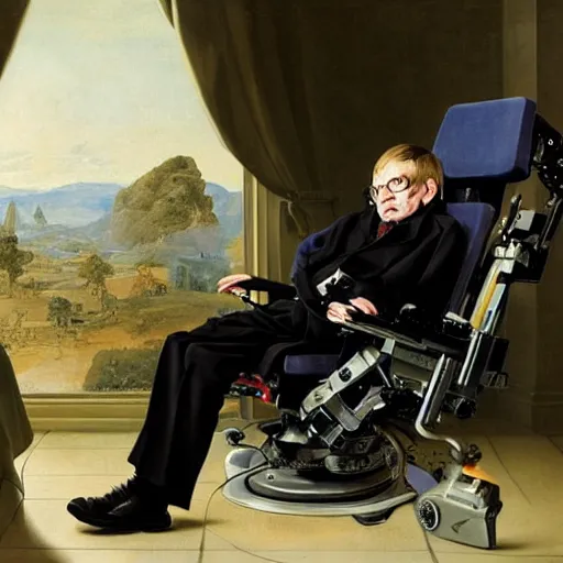 Image similar to stephen hawking in an exoskeleton suit, sci - fi painting by pieter claesz and james c. christensen