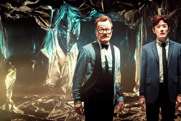 Prompt: film still of bryan cranston and jungkook in cosmic horror! the musical by david cronenberg, budapest street background, 3 5 mm film, atmospheric, ultra fine detail, film grain, photorealistic, hyperrealistic dramatic lighting