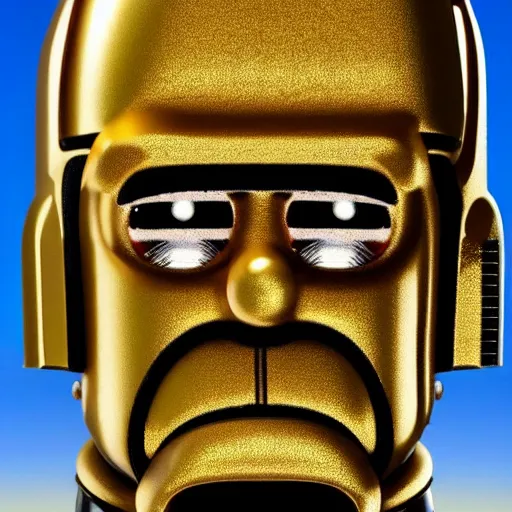 Image similar to full body portrait of Homer Simpson as real C3PO, background blue sky puffy clouds cinematic 4k