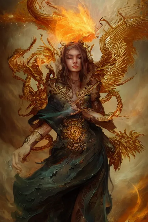 Image similar to beautiful girl sorcerer looking up with fire and golden dragon skin, celtic rune tattoos, casting magic spell, angel, fantasy, magic the gathering, hyper detailed, 3 d render, hyper realistic detailed portrait, peter mohrbacher, wlop, ruan jia, luis royo