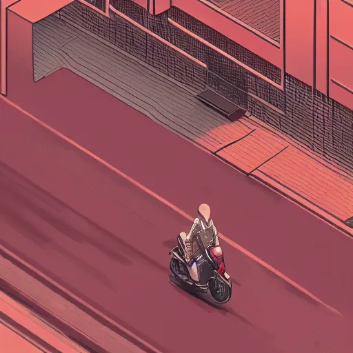 Image similar to isometric view, man with a red jacket walking toward a red futuristic racing motorbike!!!!!!!!!, pencil drawing, panoramic view, wide angle, ultra realistic, intricate details, cyberpunk, ultra detailed, sharp focus, trending on artstation