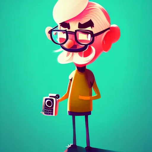 Prompt: curled perspective digital art of a cute smiling grandpa cartoon character with a photo camera by anton fadeev