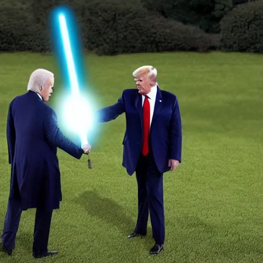 Image similar to trump and Biden having an epic lightsaber fight on the white House lawn. Cinematic, sparks flying, grimaces