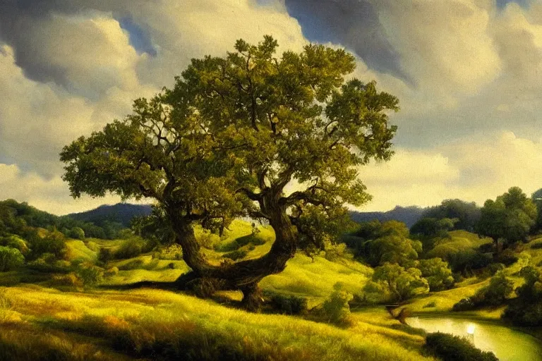 Prompt: masterpiece painting of oak trees on a hillside overlooking a creek, dramatic lighting, by peter ferguson