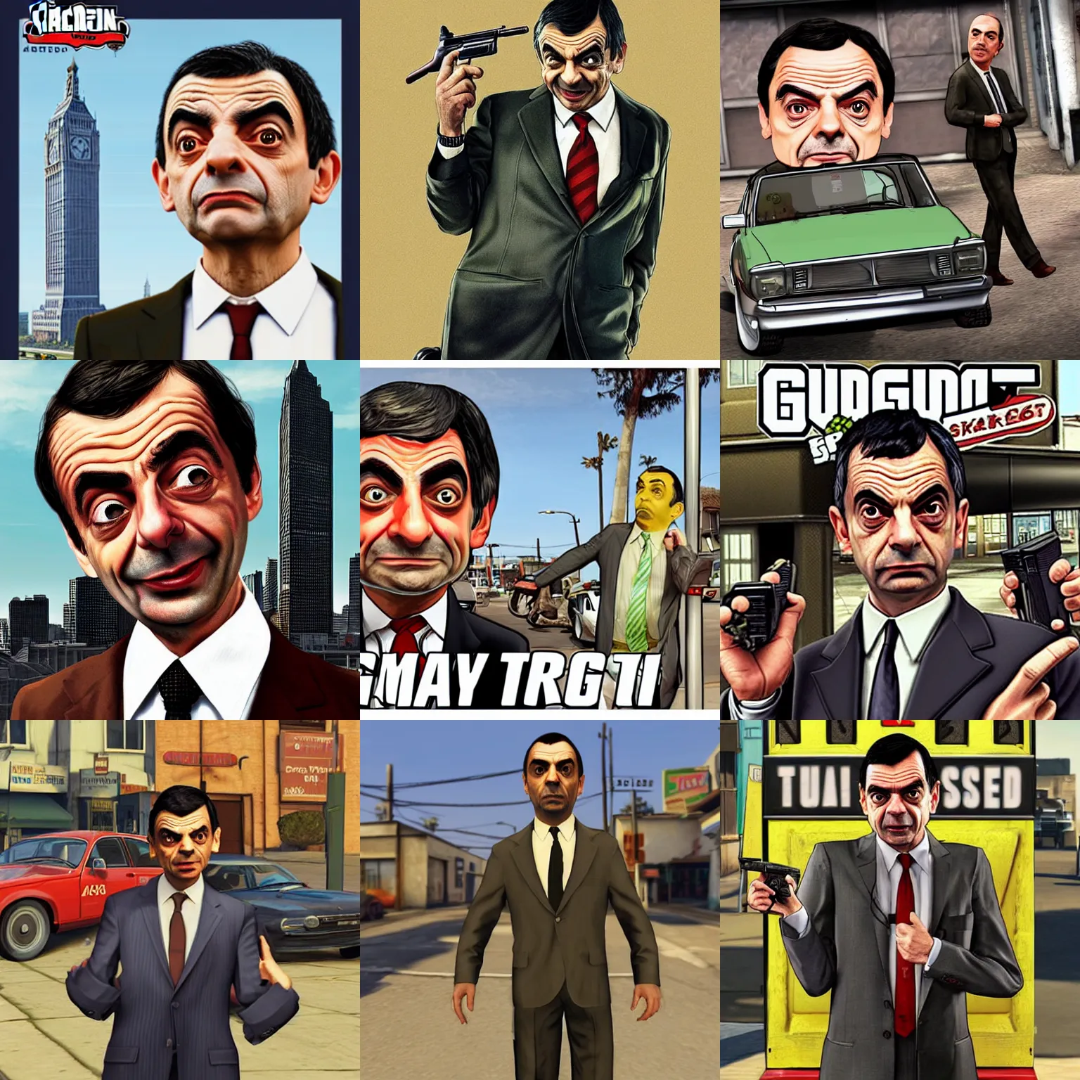 Prompt: mr bean as a street thug, gta 5 cover art