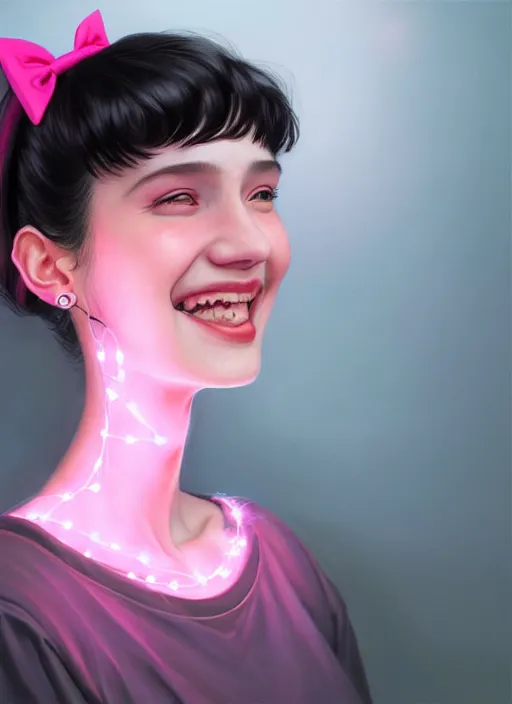 Image similar to portrait of high school girl, realistic, black hair, bangs, half updo hairstyle, pointy nose, skinny, smile, ugly, defined jawline, big chin, pink hair bow, earrings, intricate, elegant, glowing lights, highly detailed, digital painting, artstation, sharp focus, illustration, art by wlop, mars ravelo and greg rutkowski