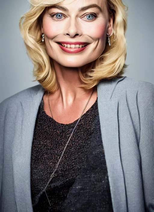 Image similar to DSLR photo portrait still of 63 year old age 63 Margot Robbie at age 63!!!, 85mm f1.8