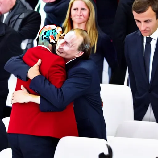 Prompt: emmanuel macron hugging vladimir putin