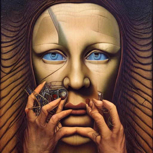 Image similar to monalisa by jacek yerka, alex gray, zdzisław beksiński, dariusz zawadzki, jeffrey smith and h.r. giger, oil on canvas, 8k highly professionally detailed, trending on artstation