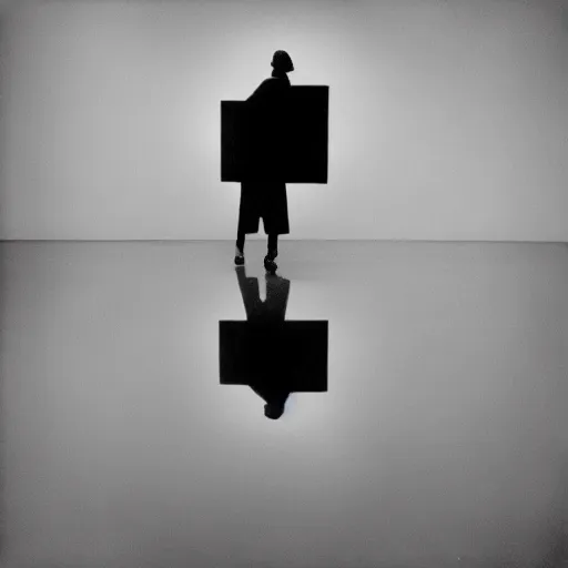 Prompt: Marcel Duchamp in a empty white void, tri-x, Trent Parke, Richard Avedon, Gustave Doré, archival pigment print, occult dream, contemporary art