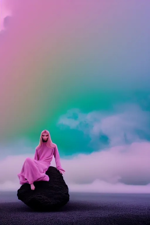 Image similar to high quality pastel coloured film close up wide angle photograph of a model wearing clothing swimming on cloud furniture in a icelandic black rock!! environment in a partially haze filled dreamstate world. three point light, rainbow. photographic production. art directed. pastel colours. volumetric clouds. pastel gradient overlay. waves glitch artefacts. extreme facial clarity. 8 k. filmic.