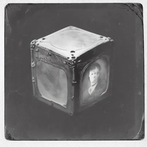 Image similar to 1 8 8 5 photo of a riveted companion!! cube!! from portal 2, heart shape, daguerrotype, high quality