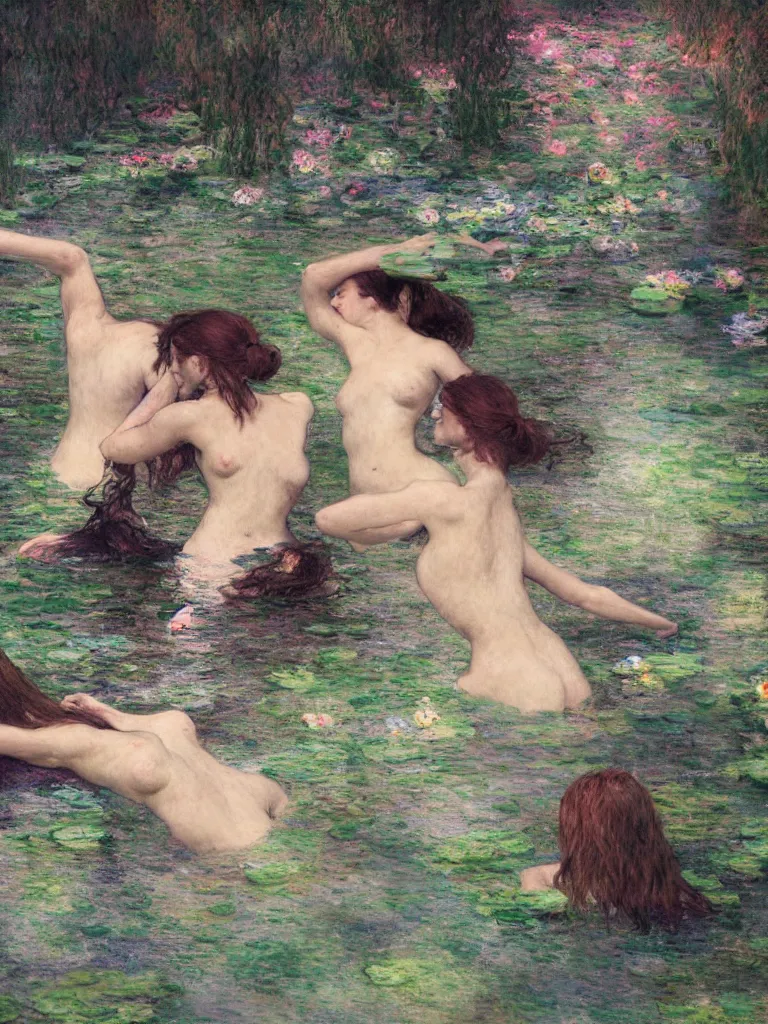 Image similar to illustration studio portrait of three dark beautiful woman bodies mermaids female energy in artistic poses in the river at the forest, monet painterly motives and textures pattern, hyper detailed, octane render, vivid colors, artstation, by jeremy mann, by alphonse mucha, by monet