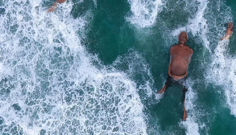 Image similar to CNN news footage taken from above. A Morgan Freeman is washed up on the beach. 8K Highly professionally detailed, HDR, CGsociety, Ultra Realistic
