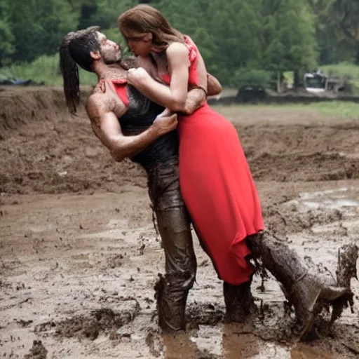 Prompt: film footage, a handsome man takes a woman out of the mud, clear and original image, no image error