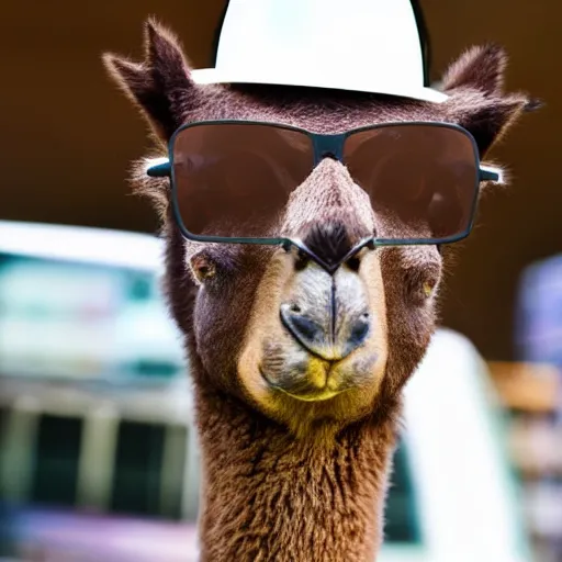 Prompt: photo of dark brown llama in wayfarer sunglasses and a novelty light bulb hat