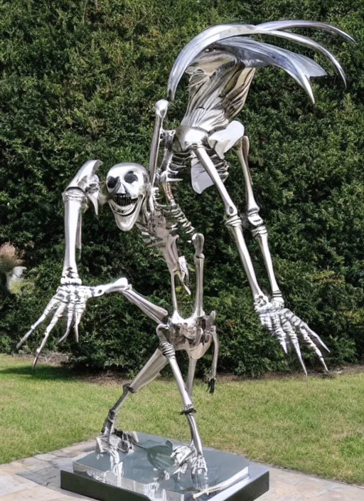 Image similar to a vulture skeleton sculpture made with polished stainless steel, shining and glossy by bernini