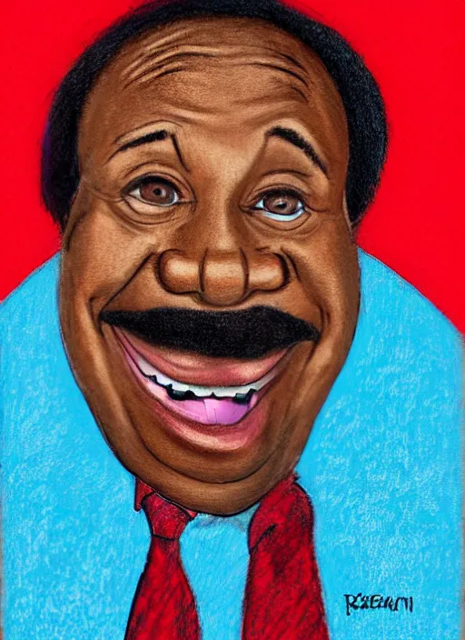 Prompt: ( ( ( caricature of leslie david baker as stanley hudson of the office television series ) ) ) by igor kazarin, pastels, head to waist, light coming from the right side, red background,