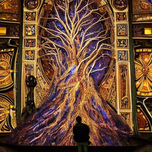 Prompt: a human man standing next to a cosmic tree, a sense of awe, amazement, monogon, plasma display, wooden, damascus, multiscopy, morph, in a symbolic and meaningful style, insanely detailed and intricate, hypermaximalist, elegant, ornate, hyper realistic, super detailed