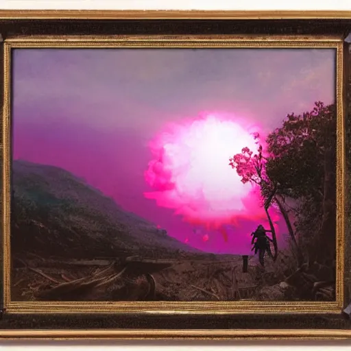 Image similar to a beautiful nuclear explosion, landscape, pink clouds illuminated by the nuclear bomb, featuring a skeleton, by craig mullins