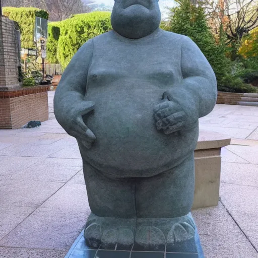 Prompt: picture of a stone statue of a large man who looks like peter griffin