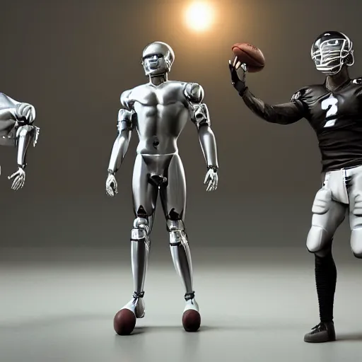 Image similar to a realistic detailed photo of a guy who is an attractive humanoid who is half robot and half humanoid, who is a male android, attractive and handsome football players, shiny skin, posing like a statue, blank stare, in a factory, on display, showing off his muscles, wearing football pants, side view, looking at each other mindlessly