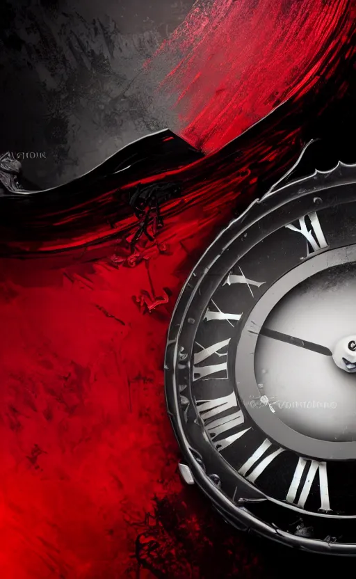 Image similar to a melting Roman numeral clock, behind a red and black gradient background, awith a black heart shaped on the top left corner and a black diamond card shape in the bottom right corner, dynamic lighting, photorealistic fantasy concept art, trending on art station, stunning visuals, cinematic, creative, ultra detailed