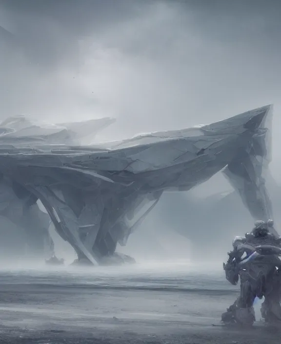 Image similar to surreal romantic covenant deformation, horizontal white mecha building architecture by ruan jia, futuristic berserk white architecture in the beach in iceland, foggy, highly detailed, digital painting, arstation, concept art, hyperealistic octane render, unreal engine