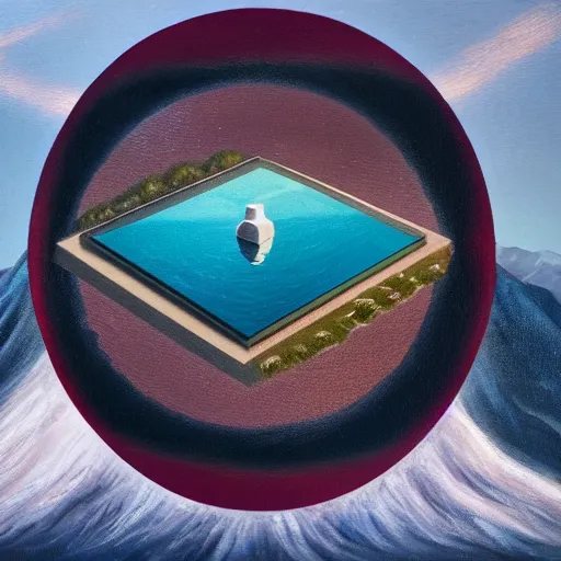 Image similar to largely animated black cube sits in the center, in the air, levitating above a pristine lake with a background of residual peaceful mountains, robustly intricate oil painting, 4 k quality, trending on artstation