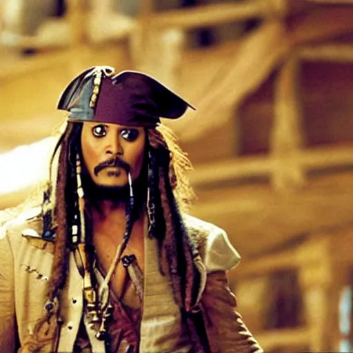 Image similar to Will Smith as captain jack sparrow, movie still from pirates of the carribean