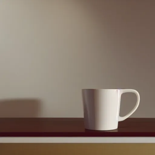 Image similar to White mug, hyperrealism, diffuse shadows, colored lighting, golden hour, unreal engine 5 tech demo, octane render, Frank Lloyd Wright ((Studio Ghibli))