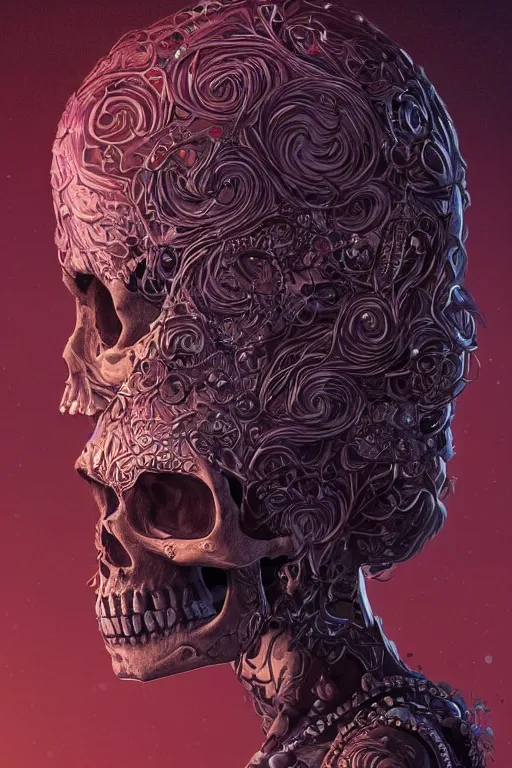 Image similar to portrait of jewel bone-skull oracle physically accurate, moody dynamic lighting, very very intricate, very very elegant, highly detailed, digital painting, artstation, in the style of Rob Lefield and Dan Mumford , trending on artstation, digital art,surrealism ,macro,blueprint ,vaporwave ,