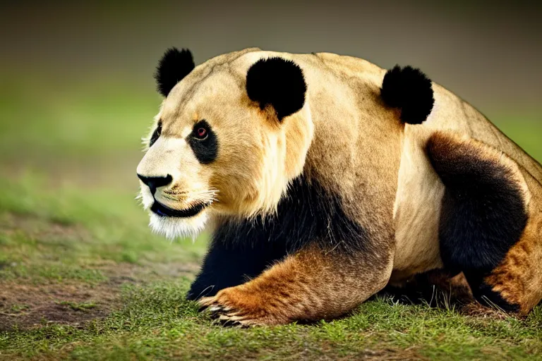 Image similar to a lion panda!!! hybrid! hyper realistic!! realistic lighting!! wildlife photographer of the year!!! bold natural colors, national geographic, hd, wide angle, 8 k