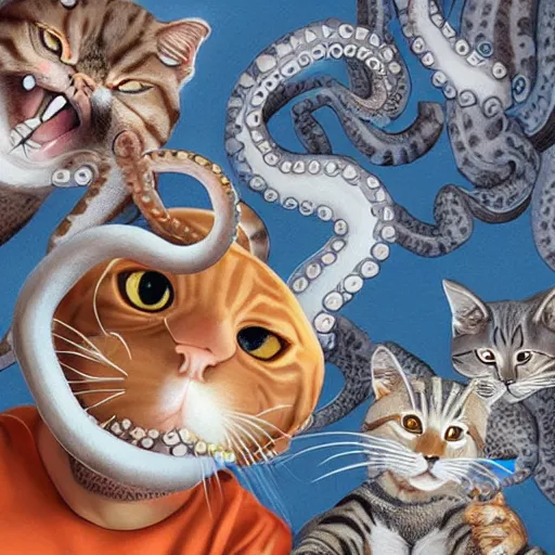 Prompt: octopus and cats taking a selfie together, photorealistic