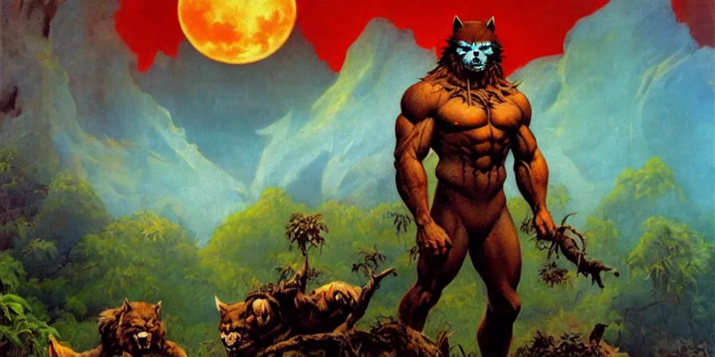 Prompt: frazetta werewolf realistic full body panoramic portrait textured oil painting jungle cyan background with red dramatic sky and giant moon with rain and storm