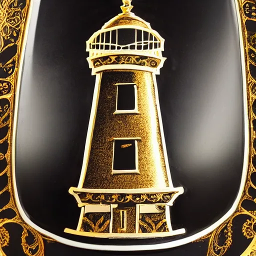 Image similar to an ornate lighthouse table statue, detailed with white and gold filagree and goldleaf decorative elements, sitting on a desk, painstaking detail, black lacquer, glossy shiny reflective, splashed with graffiti art