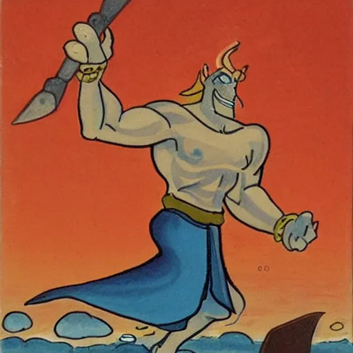 Image similar to hades from the cartoon Hercules on a boat on the River Styx, minimal, Spanish folk art