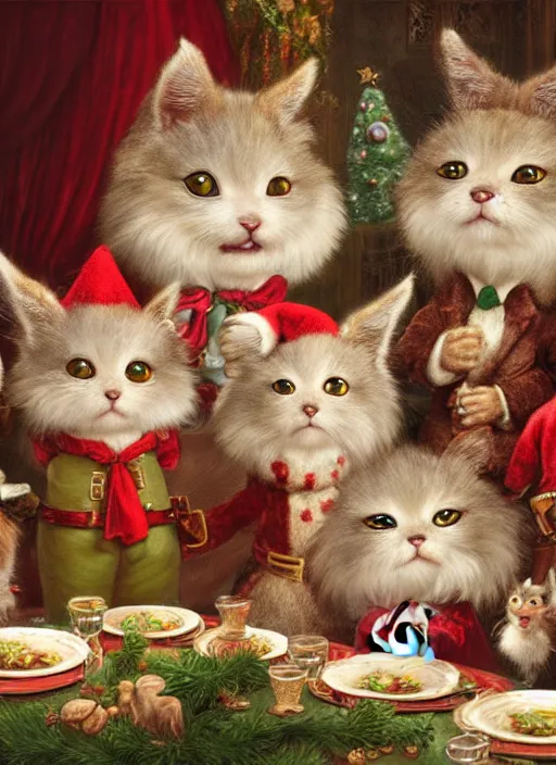 Image similar to highly detailed group closeup portrait of cute fluffy animals having a christmas party banquet in a castle, unreal engine, nicoletta ceccoli, mark ryden, earl norem, lostfish, global illumination, god rays, detailed and intricate environment