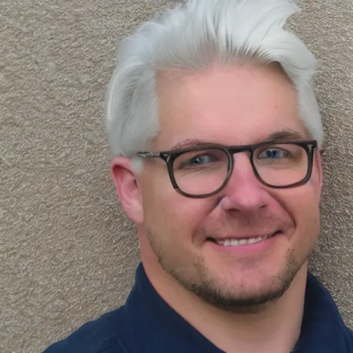 Prompt: a photograph of brad troxel with white hair
