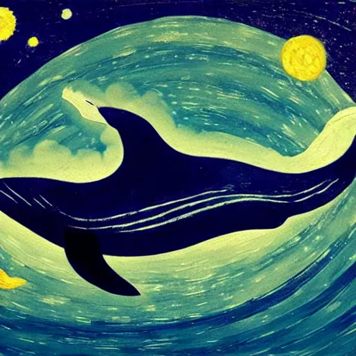 Image similar to portrait of whale swimming on a starry night sky, swimming across the universe, oniric, dreamy, stylized, beautiful,