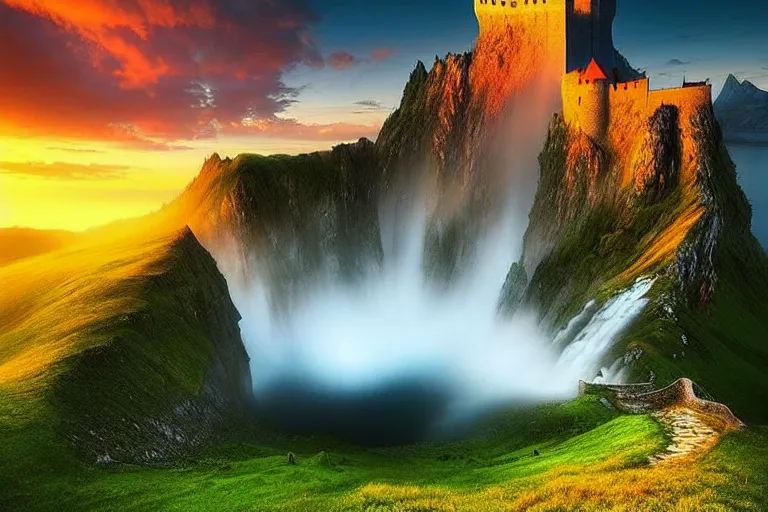 Image similar to Gediminas Pranckevicius amazing landscape photo of mountains with lake and castle on top of a waterfall at infinite view at sunset by marc adamus beautiful dramatic lighting,