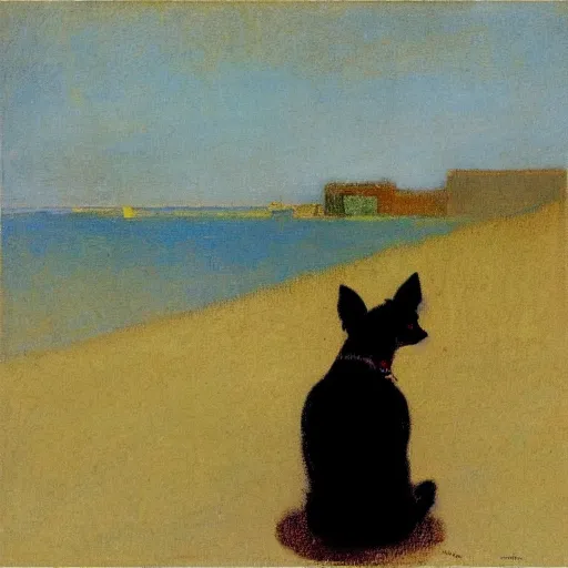 Image similar to a woman and her black and brown chihuahua looking out to sea by odilon redon