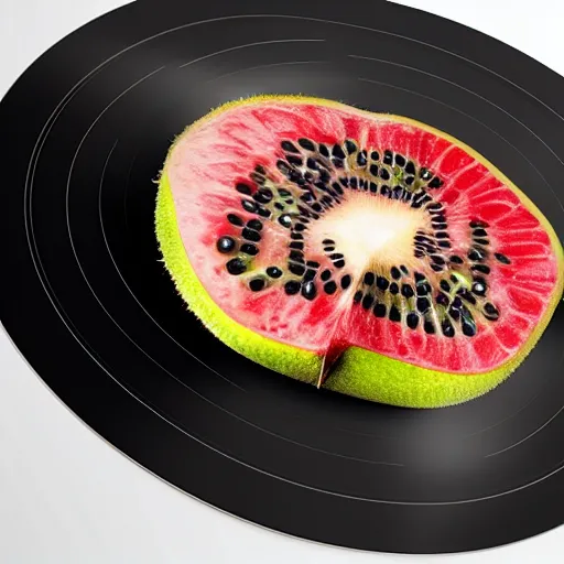 Image similar to vinyl player with vinyl record in shape of huge kiwi fruit, 4 k, optical illusion, unreal render, hyperrealistic textures, product shot, top view