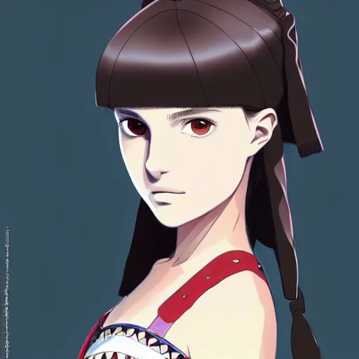 Image similar to a beautiful! boyish! natalie portman alluring gravure! model, wearing japanese school girl outfit with mayan pattern and native style, aztec street fashion, gapmoe yandere grimdark, trending on pixiv fanbox, painted by greg rutkowski makoto shinkai takashi takeuchi studio ghibli, akihiko yoshida