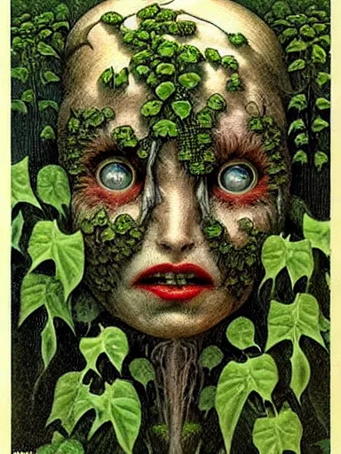 Image similar to The Hanging-Gardens of Pareidolia, ivy, verbena and pothos growing facial features and optical-illusions!!!!!, aesthetic, by Gerald Brom in the style of Johfra Bosschart in the style of,