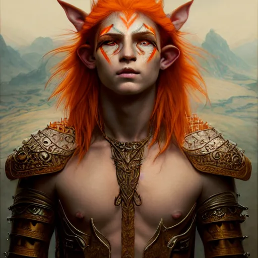 Image similar to portrait painting of an elven male teen with short light orange hair and tribal tattoos on his face wearing fur armor, ultra realistic, concept art, intricate details, eerie, highly detailed, photorealistic, octane render, 8 k, unreal engine. art by artgerm and greg rutkowski and charlie bowater and magali villeneuve and alphonse mucha